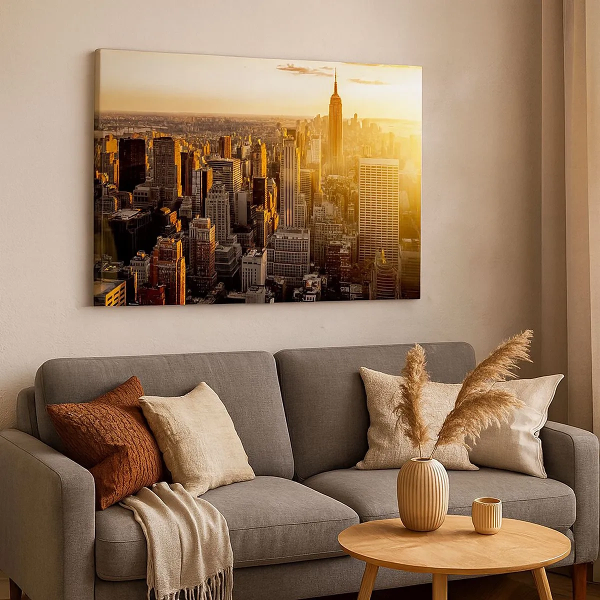 Obraz na plátně - Panorama New Yorku při západu slunce s výhledem na Empire State Building - 70x50cm - Růst na slunci - Moderní nástěnná dekorace do obývacího pokoje a ložnice ARTTOR