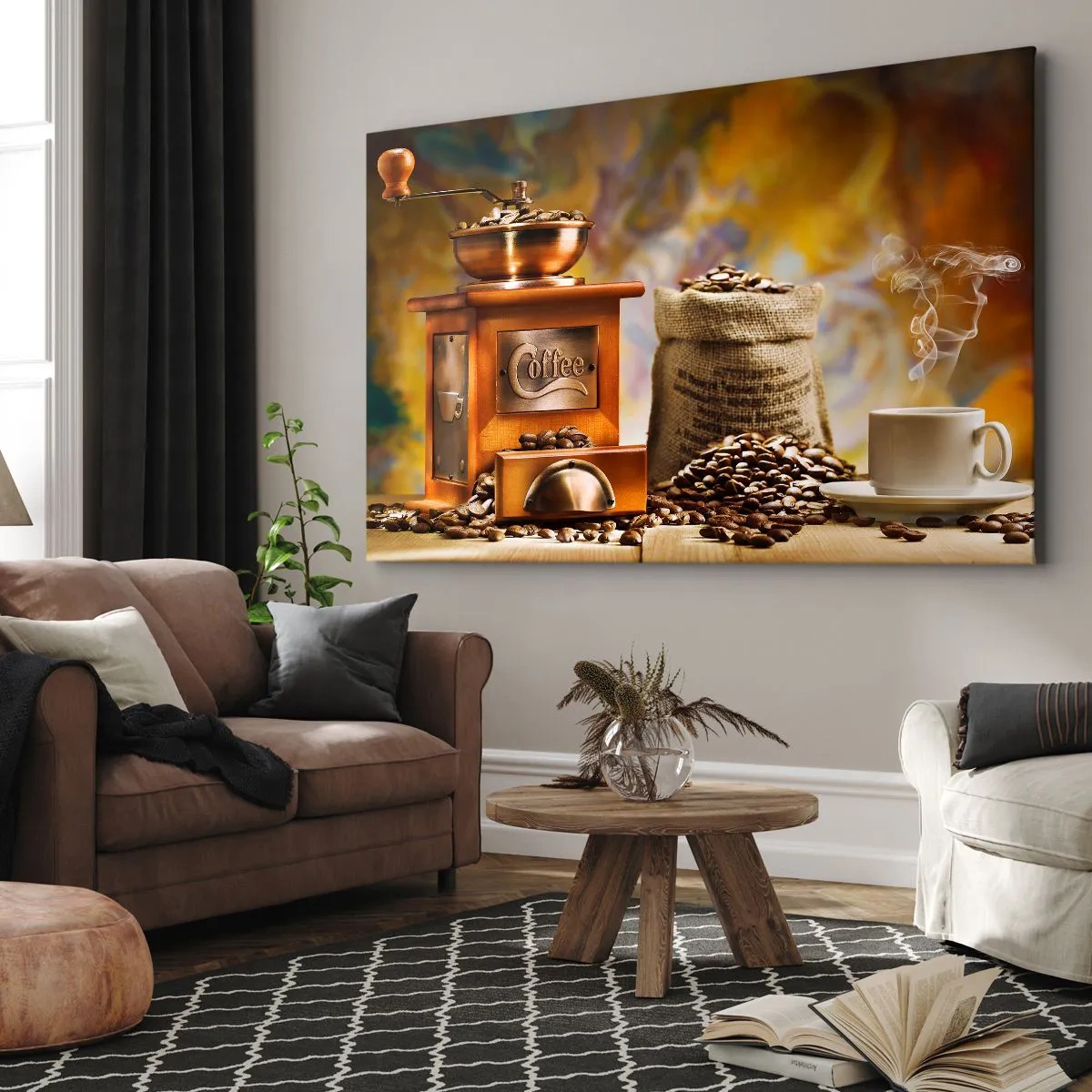 Obraz na plátně - Mlýnek na kávu s fazolemi a šálkem na pozadí - 70x50cm - Chrastění zrn, hrčení mlýnku - Moderní nástěnná dekorace do obývacího pokoje a ložnice ARTTOR
