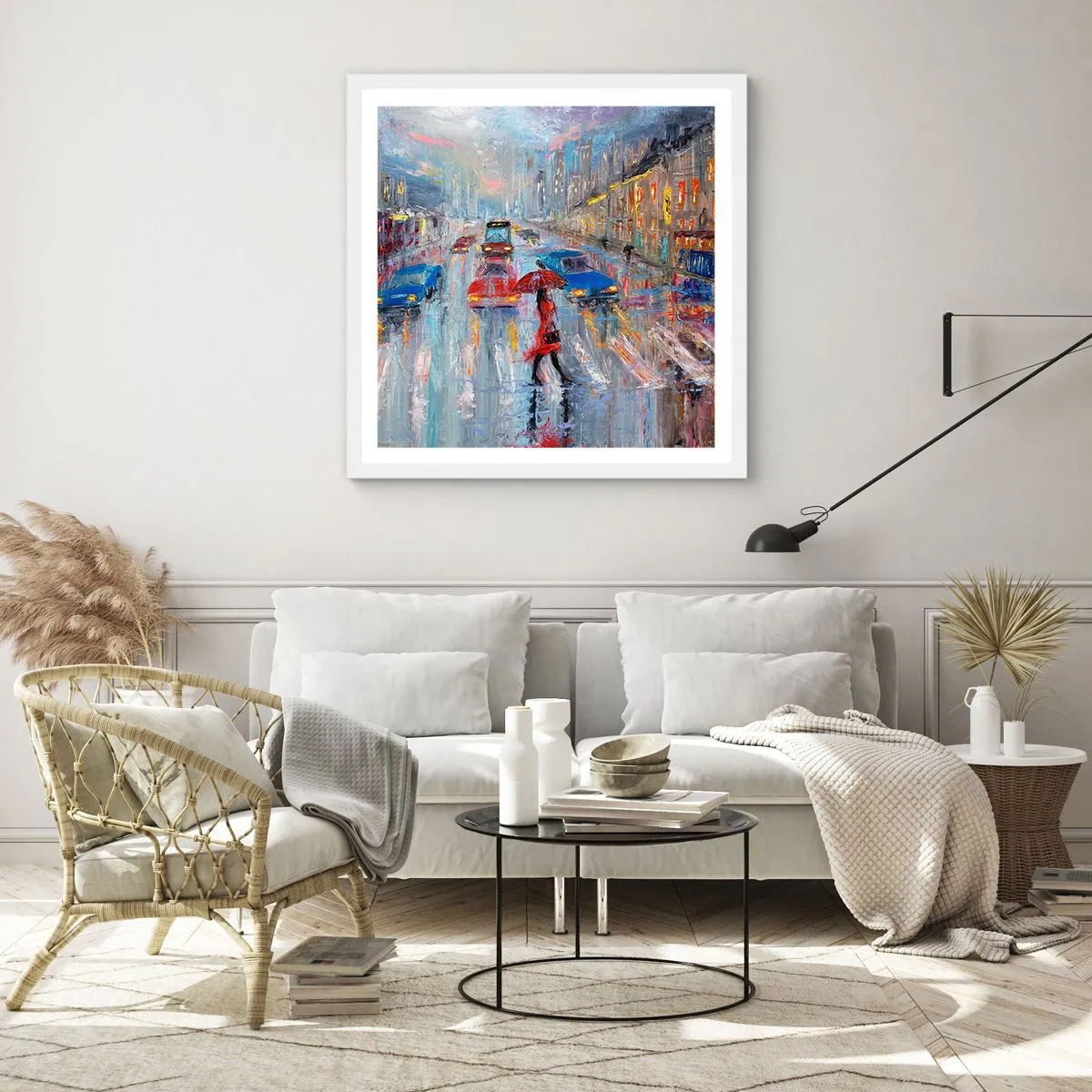 Plakát v bílém rámu - Deštivé odpoledne ve městě - 50x50 cm