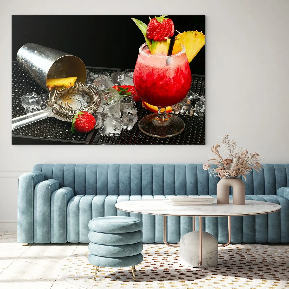 Obraz na skle - Barevný nápoj s ovocem a šejkrem na ledě - 70x50cm - Vykouzlit chuť - Moderní nástěnná dekorace do obývacího pokoje a ložnice ARTTOR