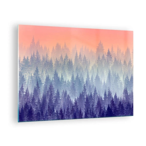 Obraz na skle - Tajemný jehličnatý les v pastelových odstínech rána - 70x50cm - Vysoko, výše, do nebe - Moderní nástěnná dekorace do obývacího pokoje a ložnice ARTTOR