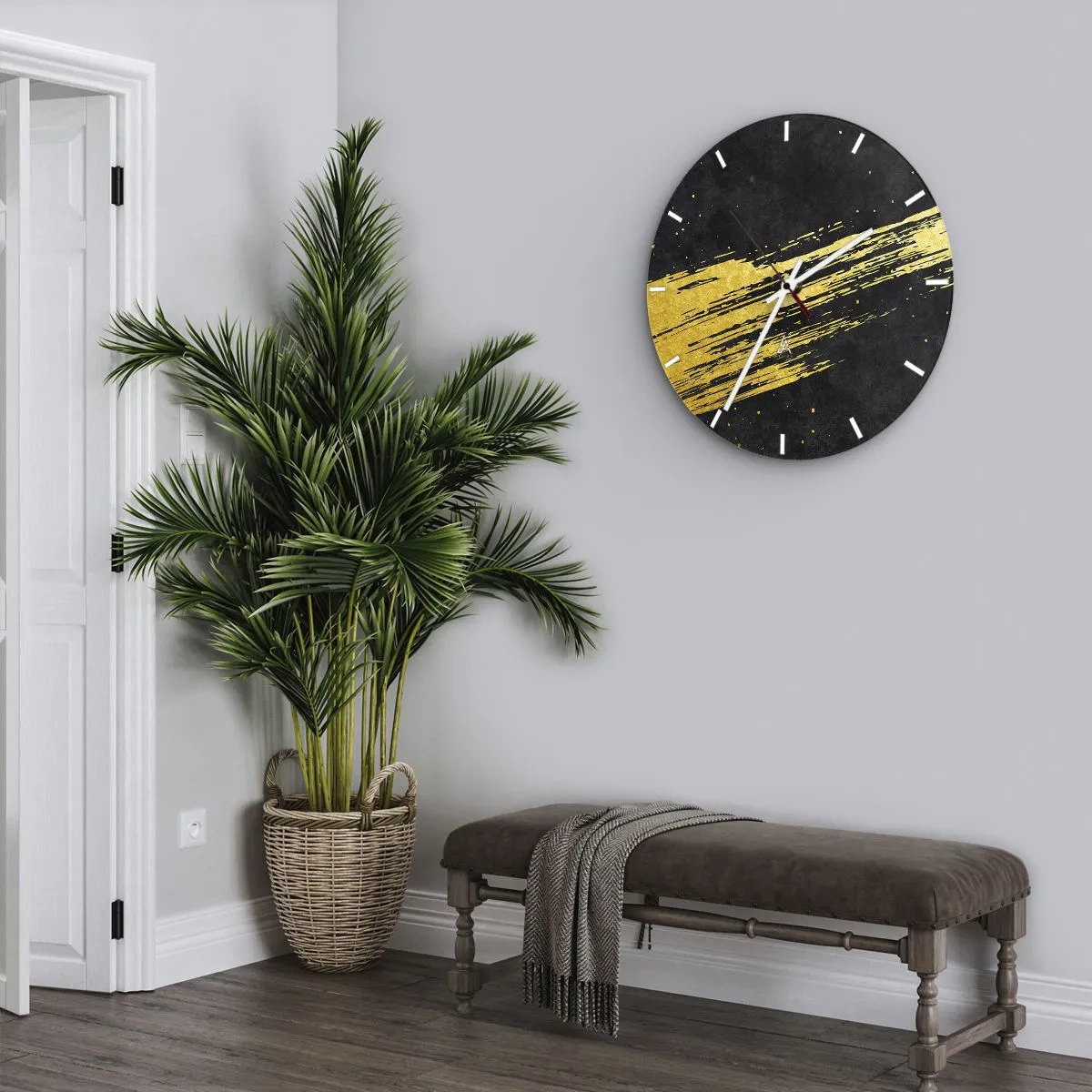 Nástěnné hodiny - Zlatý dynamický tah štětcem na černém pozadí - 30x30cm - Skok do hyperprostoru - Moderní nástěnná dekorace do obývacího pokoje, kuchyně a ložnice ARTTOR