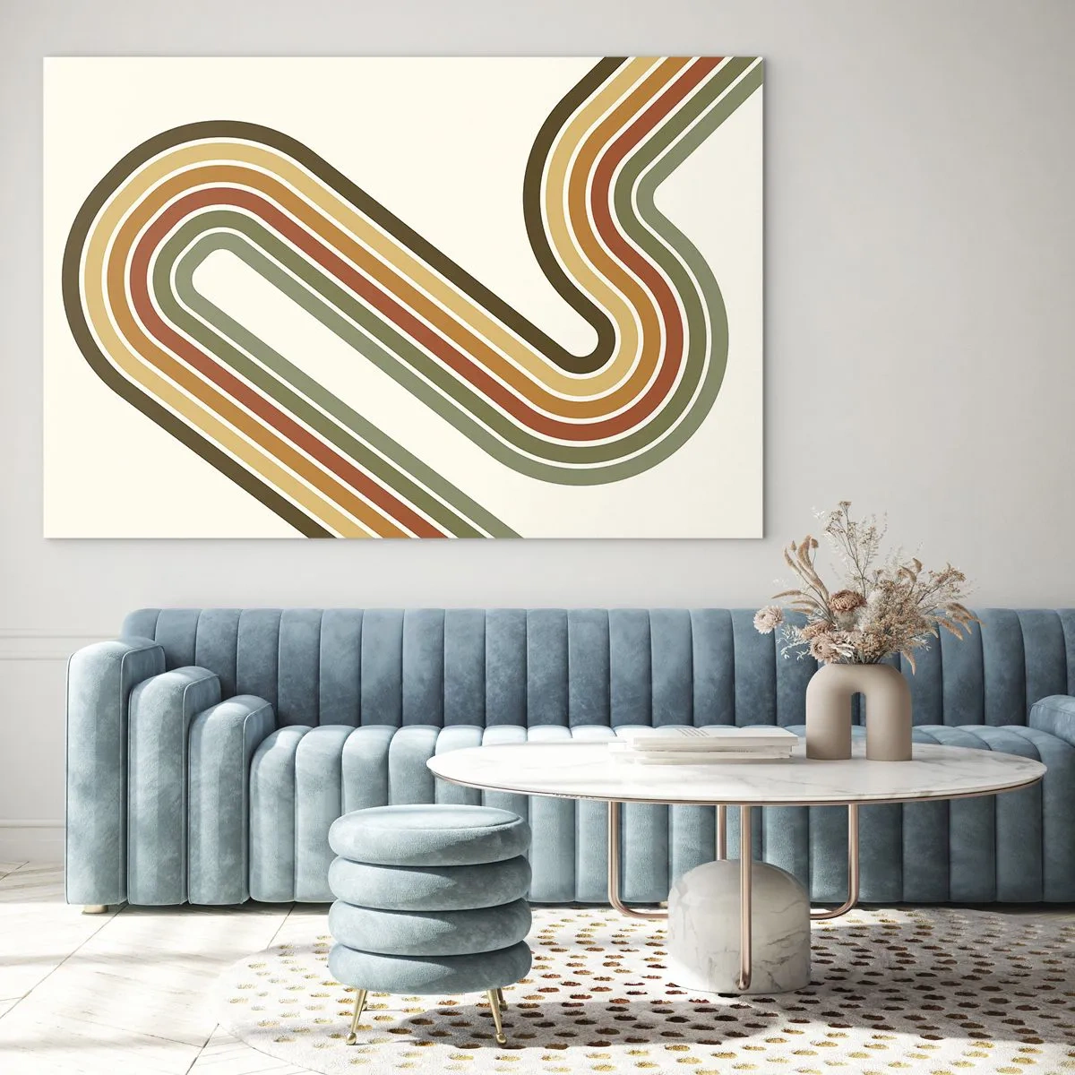 Obraz na skle - Geometrická abstrakce v retro stylu s vlnovkami - 70x50cm - Kličkování do cíle - Moderní nástěnná dekorace do obývacího pokoje a ložnice ARTTOR