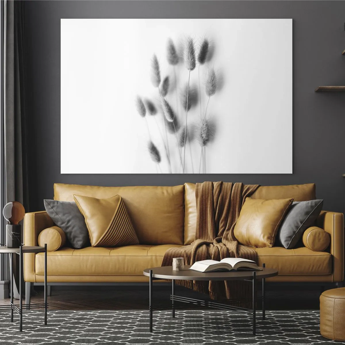 Obraz na skle - Černobílé travní klasy na světlém pozadí v minimalistickém stylu - 70x50cm - Její načechranost tráva - Moderní nástěnná dekorace do obývacího pokoje a ložnice ARTTOR