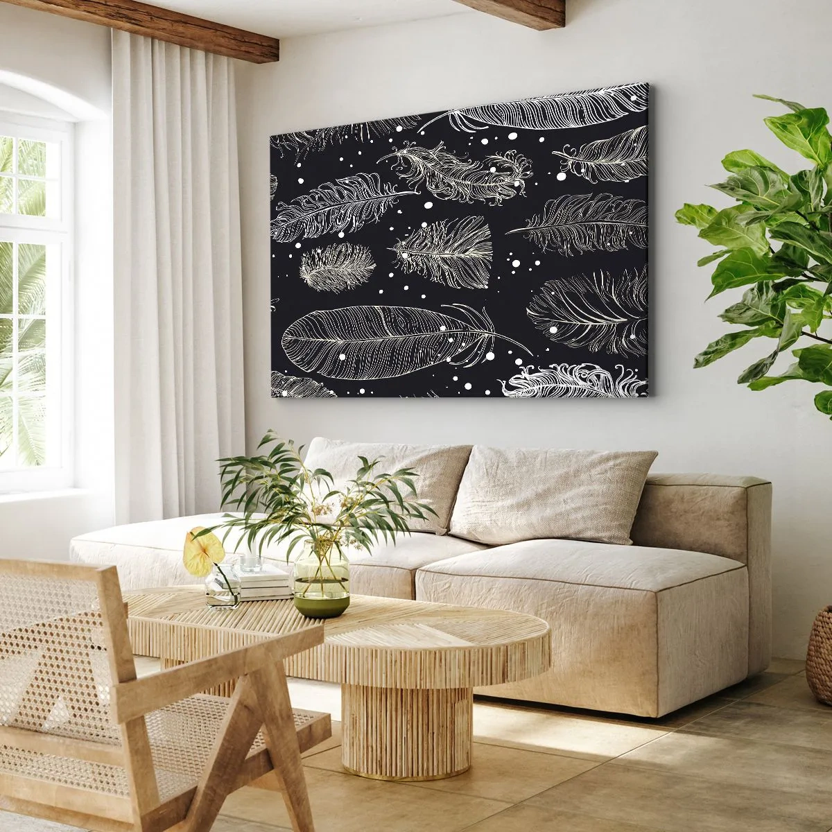 Obraz na plátně - Jemné bílé peří na tmavě modrém pozadí - 70x50cm - Krajka s peřím - Moderní nástěnná dekorace do obývacího pokoje a ložnice ARTTOR