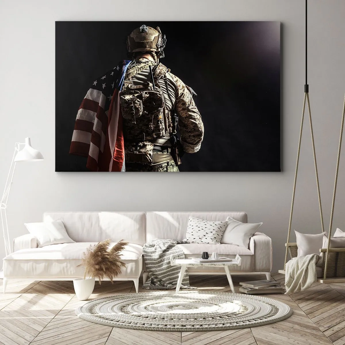 Obraz na plátně - Voják v uniformě s vlajkou na tmavém pozadí - 70x50cm - Právě proto - Moderní nástěnná dekorace do obývacího pokoje a ložnice ARTTOR