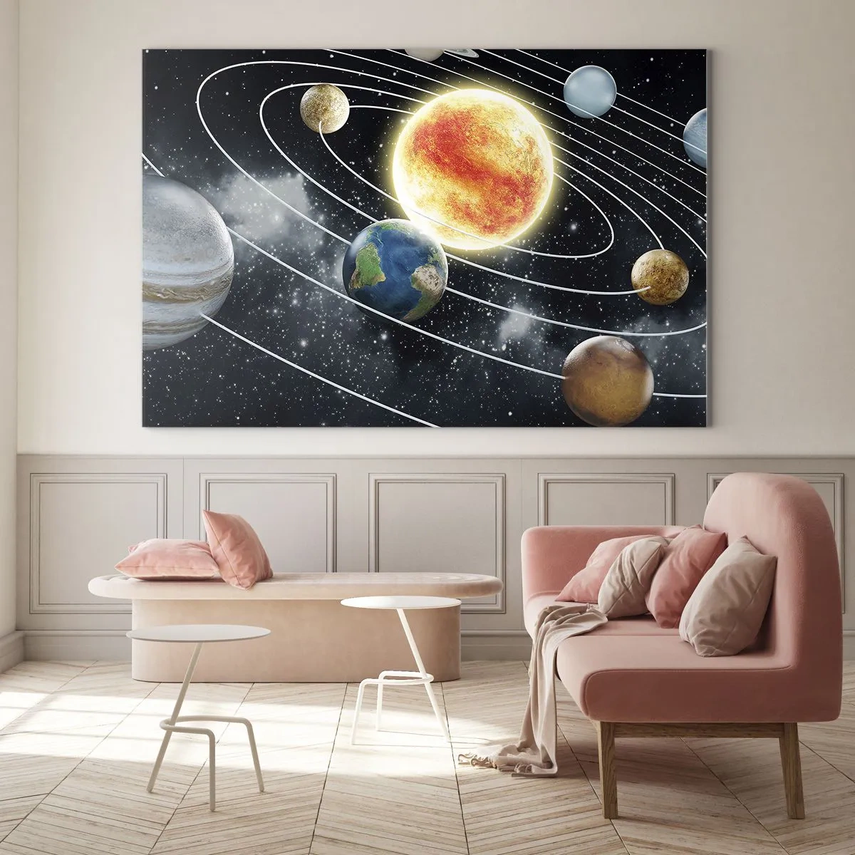 Obraz na skle - Sluneční soustava s planetami a oběžnými dráhami na pozadí vesmíru - 70x50cm - Vesmírný tanec - Moderní nástěnná dekorace do obývacího pokoje a ložnice ARTTOR
