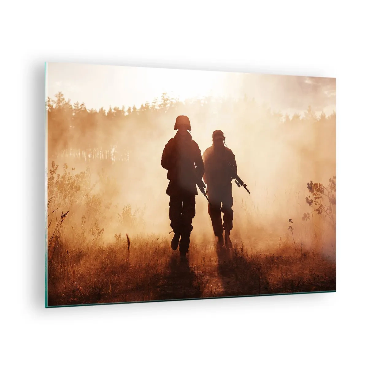 Obraz na skle - Dva vojáci v akci na pozadí zapadajícího slunce - 70x50cm - Call of Duty - Moderní nástěnná dekorace do obývacího pokoje a ložnice ARTTOR