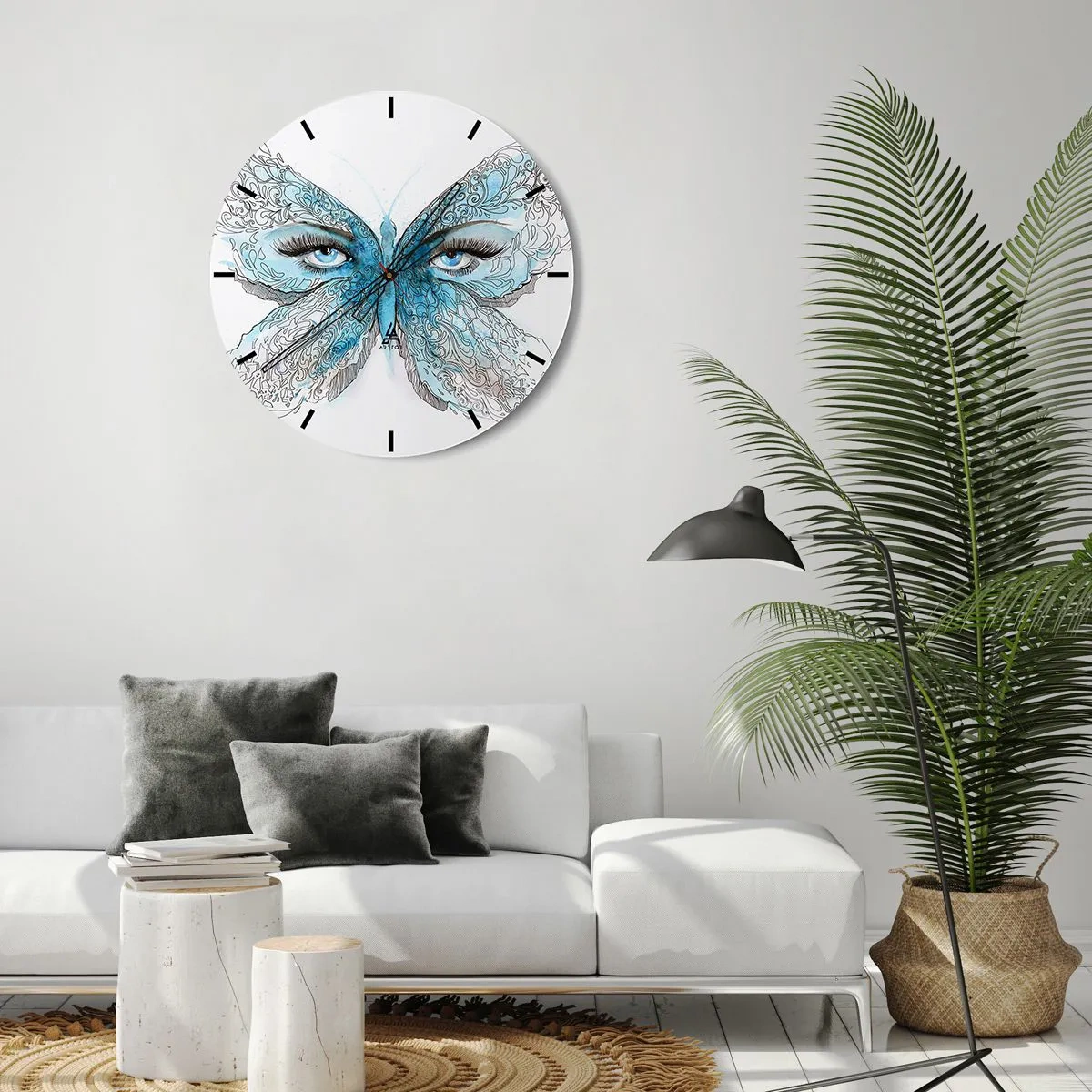 Nástěnné hodiny - Modrý motýl s detailem oka a jemným uměleckým vzorem - 30x30cm - Sýkora modřinka eros - Moderní nástěnná dekorace do obývacího pokoje, kuchyně a ložnice ARTTOR