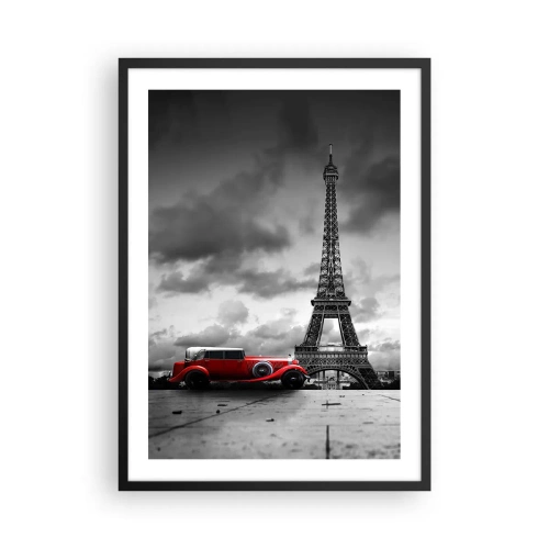 Plakát v černém rámu - Červené auto před Eiffelovou věží v černé a bílé - 50x70cm - Ne tak dávno v Paříži - Moderní nástěnná dekorace do obývacího pokoje a ložnice ARTTOR