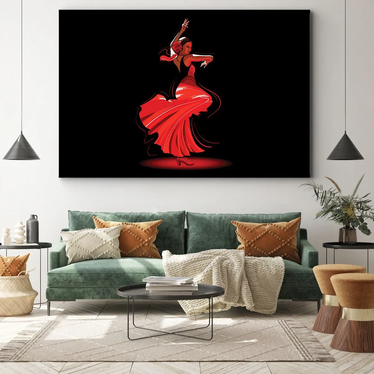 Obraz na plátně - Flamenco tanečnice v červených šatech na černém pozadí - 70x50cm - Žhavá duše flamenco - Moderní nástěnná dekorace do obývacího pokoje a ložnice ARTTOR