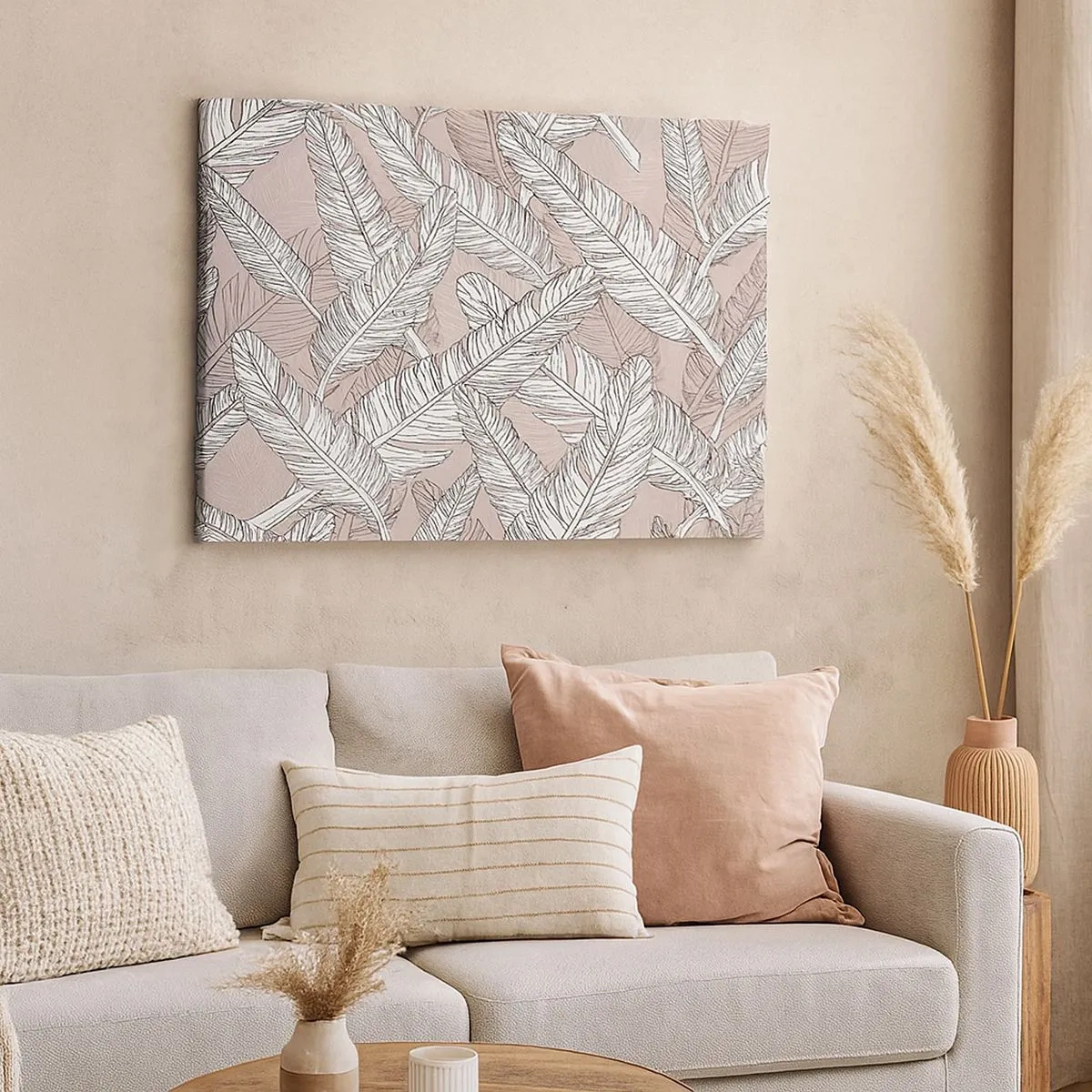 Obraz na plátně - Černobílý vzor s banánovými listy na světlém pozadí - 70x50cm - Víření peří - Moderní nástěnná dekorace do obývacího pokoje a ložnice ARTTOR