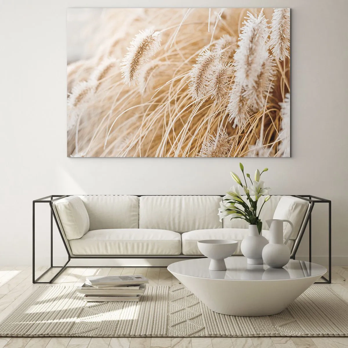 Obraz na skle - Detail nadýchaných klasů trávy ve zlatém světle - 70x50cm - Zlaté šustění travin - Moderní nástěnná dekorace do obývacího pokoje a ložnice ARTTOR