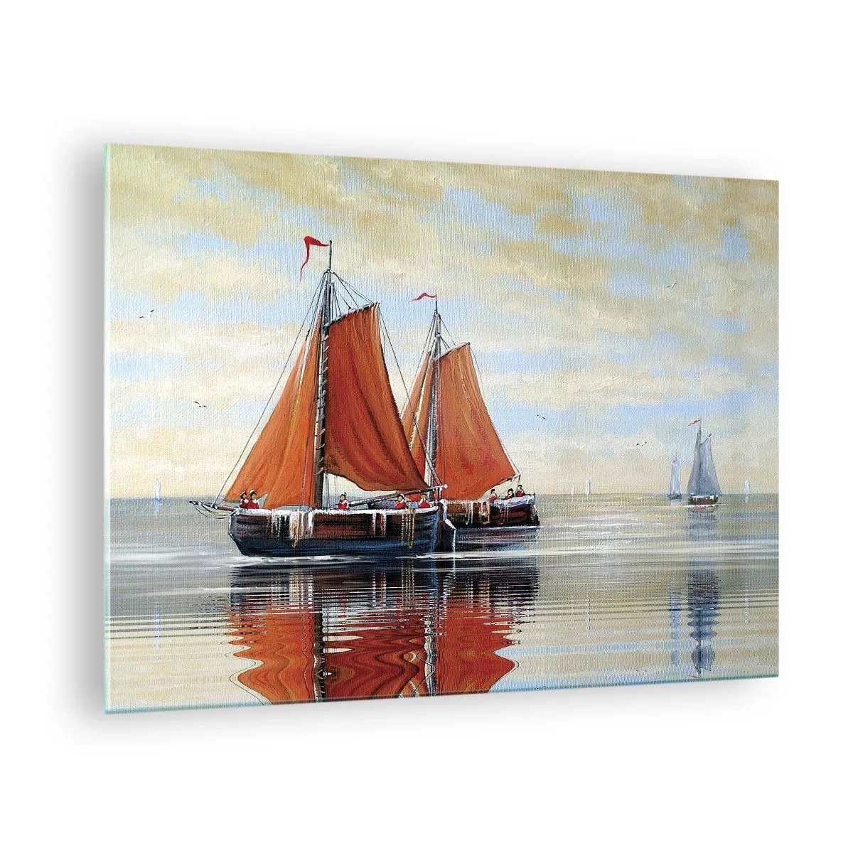 Obraz na skle - Plachetnice na klidném moři při západu slunce - 70x50cm - Pluj, námořníku… - Moderní nástěnná dekorace do obývacího pokoje a ložnice ARTTOR