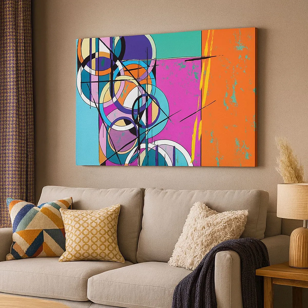 Obraz na plátně - Barevná abstrakce s geometrickými kruhy - 70x50cm - Kruh za kruhem - Moderní nástěnná dekorace do obývacího pokoje a ložnice ARTTOR