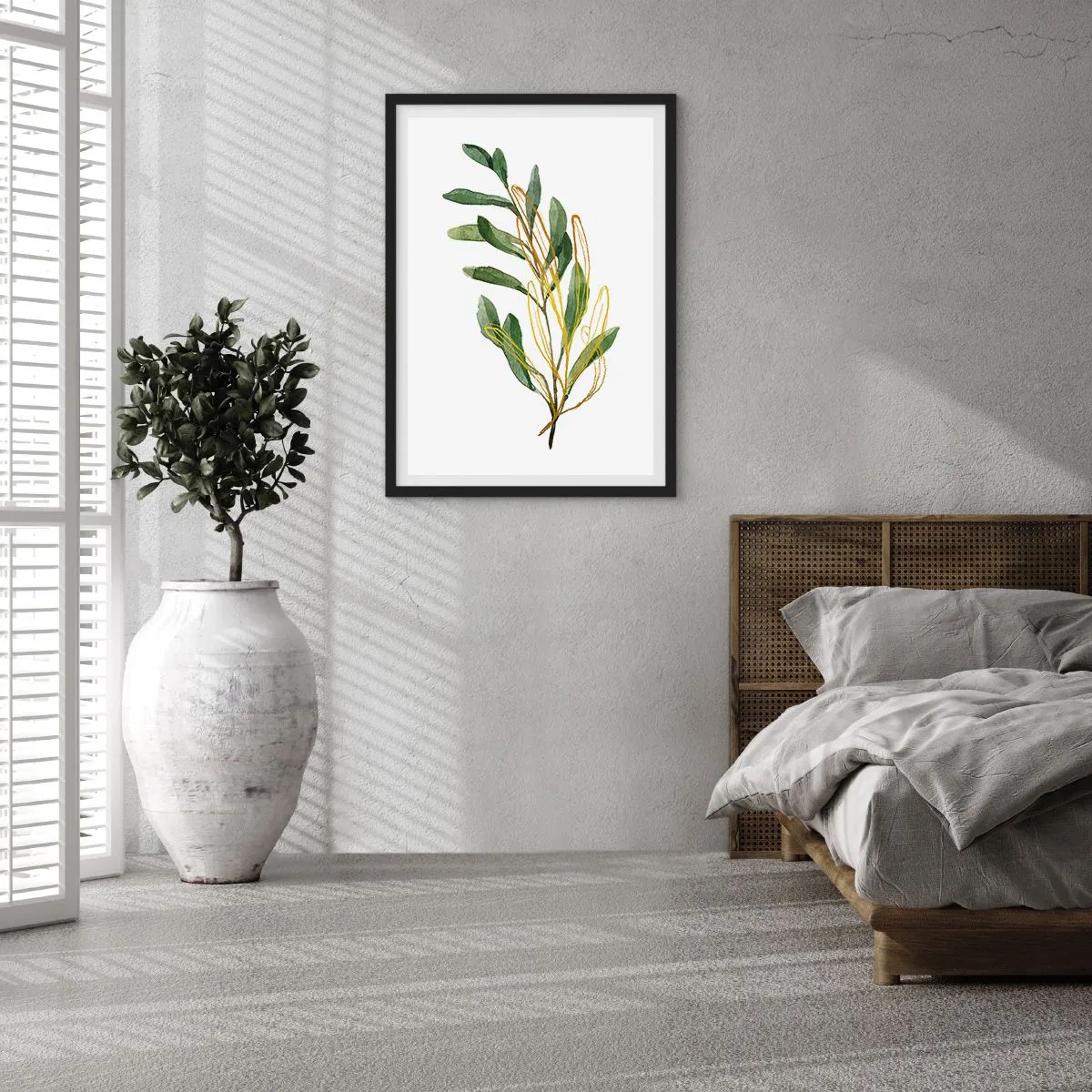 Plakát v černém rámu - Akvarelová větev s jemnými zlatými akcenty - 50x70cm - Vše, co je dobré - Moderní nástěnná dekorace do obývacího pokoje a ložnice ARTTOR