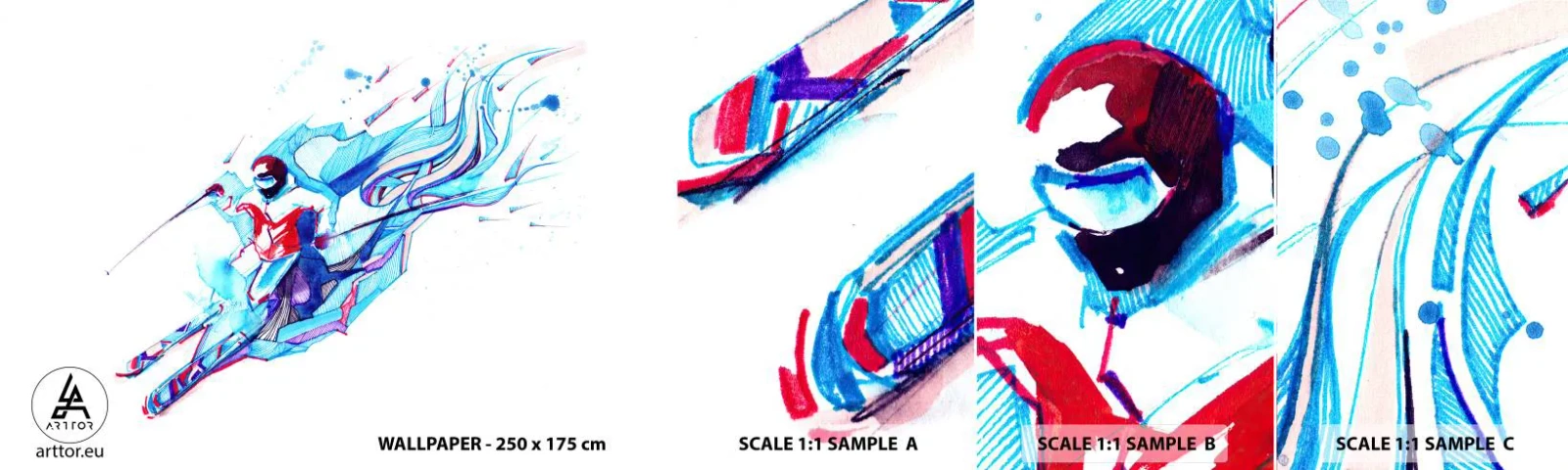 Vzor Fototapety Samolepicí Deluxe Sticker - Šílený spěch k radosti - Abstrakce, Lyže, Lyžař - 100x30 cm