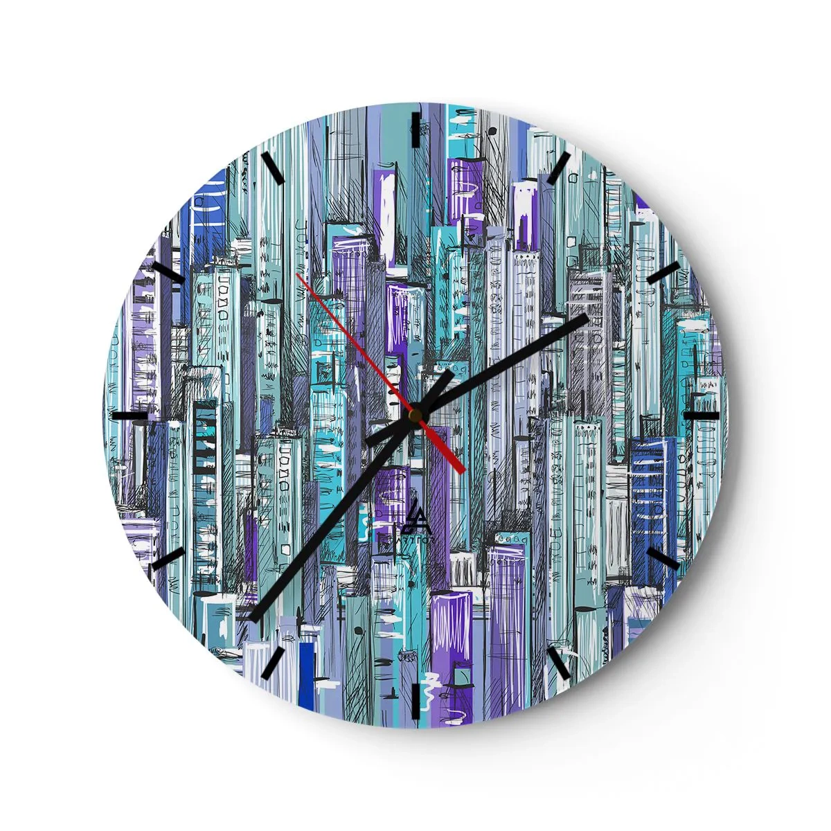 Nástěnné hodiny - Grafické mrakodrapy v odstínech modré a fialové - 30x30cm - Zmodralé od nebe - Moderní nástěnná dekorace do obývacího pokoje, kuchyně a ložnice ARTTOR
