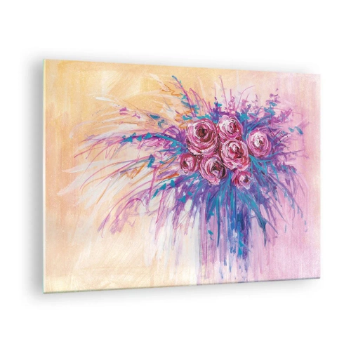 Obraz na skle - Kytice růží v odstínech růžové a fialové na pastelovém pozadí - 70x50cm - Růžová fontána - Moderní nástěnná dekorace do obývacího pokoje a ložnice ARTTOR