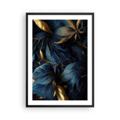 Plakát v černém rámu - Zlaté listy na tmavě modrém pozadí - 50x70cm - Podšívané zlatem - Moderní nástěnná dekorace do obývacího pokoje a ložnice ARTTOR