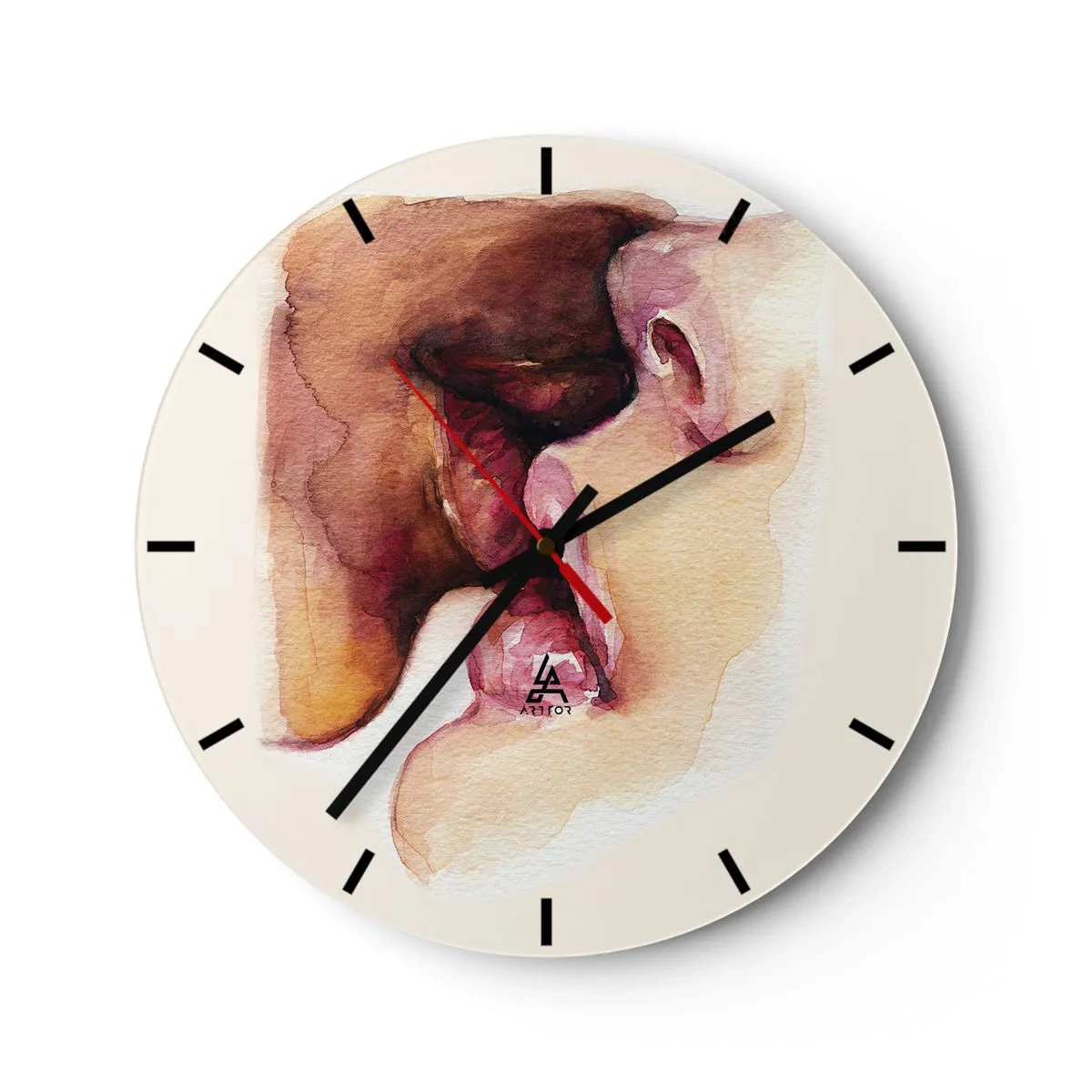 Nástěnné hodiny - Polibek dvou tváří ve stylu akvarelu - 30x30cm - Jako noc a den, země a nebe - Moderní nástěnná dekorace do obývacího pokoje, kuchyně a ložnice ARTTOR