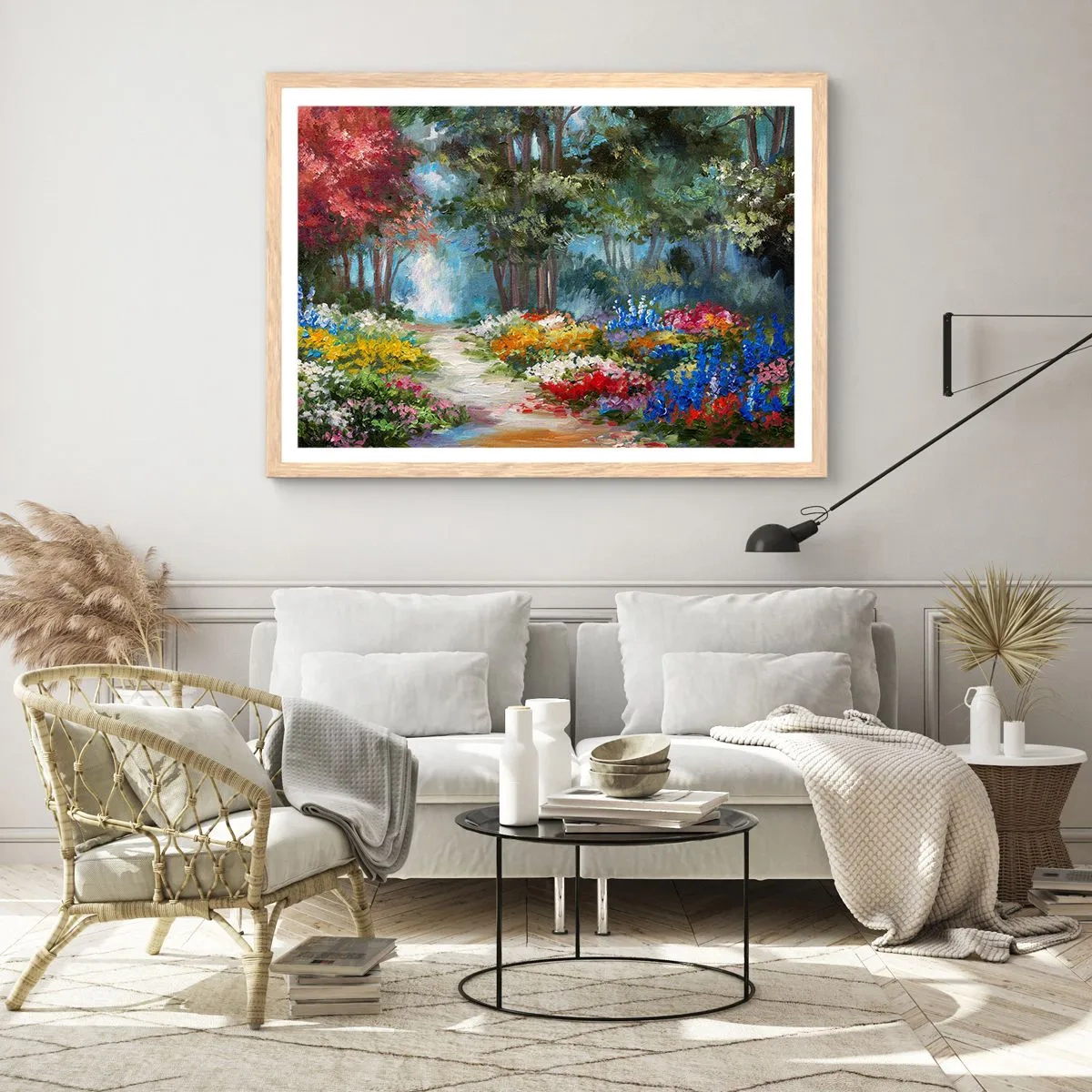 Plakát v rámu světlý dub - Lesní zahrada, květinový les - 100x70 cm