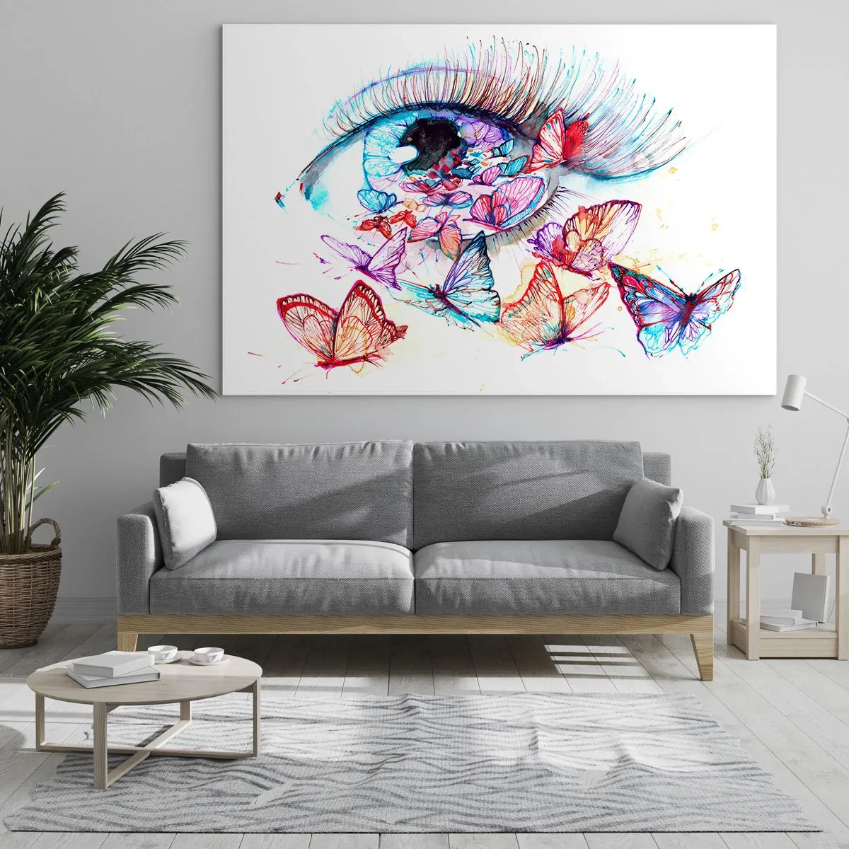 Obraz na skle - Ženské oko obklopené barevnými akvarelovými motýly - 70x50cm - Pohádkové kouzlo očí - Moderní nástěnná dekorace do obývacího pokoje a ložnice ARTTOR