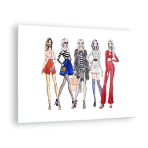 Obraz na skle - Módní postavy ve stylových oblecích na ilustraci - 70x50cm - Every week Fashion Week - Moderní nástěnná dekorace do obývacího pokoje a ložnice ARTTOR