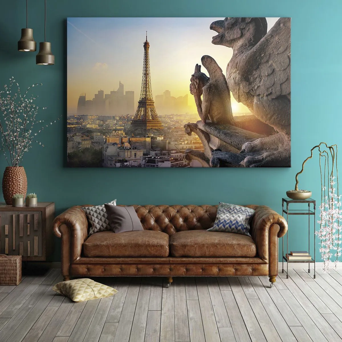 Obraz na plátně - Pohled na Eiffelovu věž s chrliči v pozadí - 70x50cm - Hodně se změnilo… - Moderní nástěnná dekorace do obývacího pokoje a ložnice ARTTOR