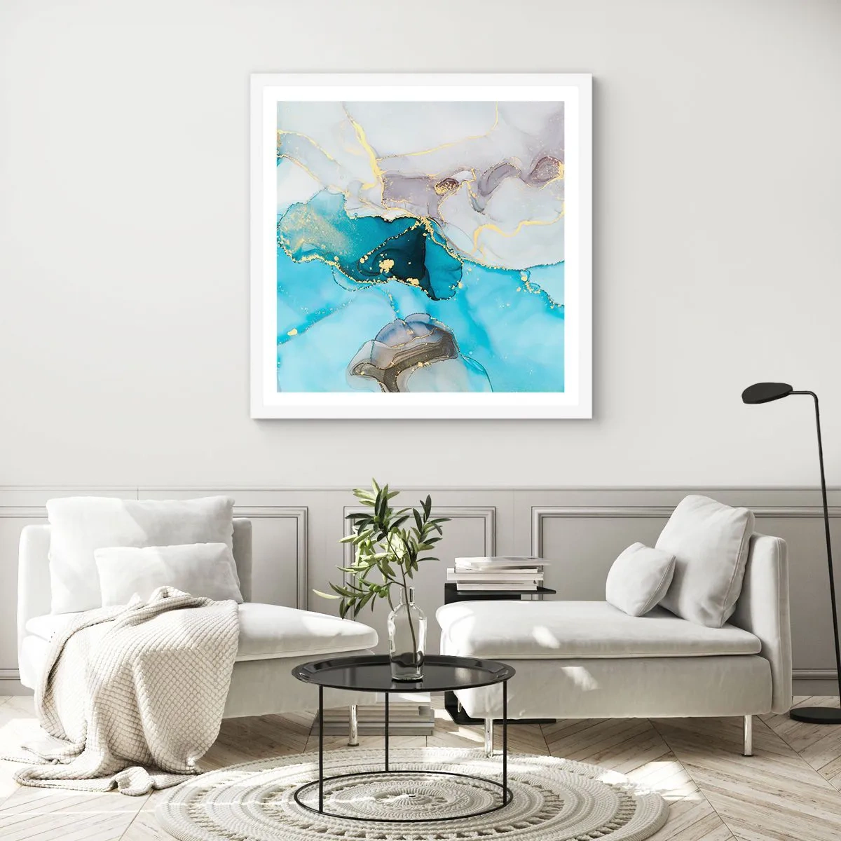 Plakát v bílém rámu - Studie o setkání šedé a tyrkysové - 60x60 cm
