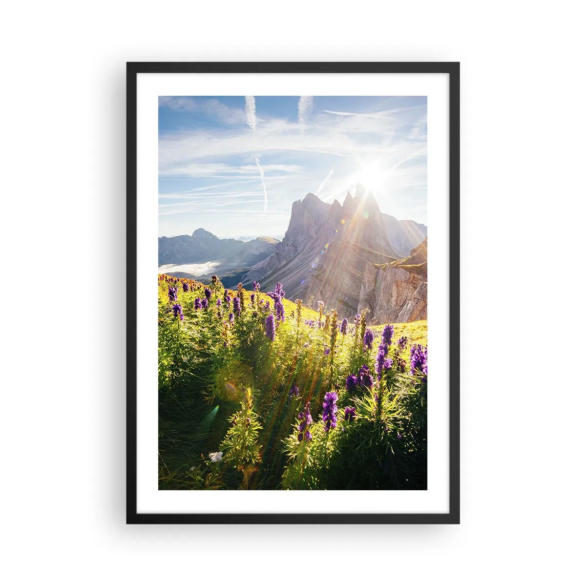 Plakát v černém rámu - Horská krajina s loukou plnou květin při východu slunce - 50x70cm - Tajemný život bylin - Moderní nástěnná dekorace do obývacího pokoje a ložnice ARTTOR
