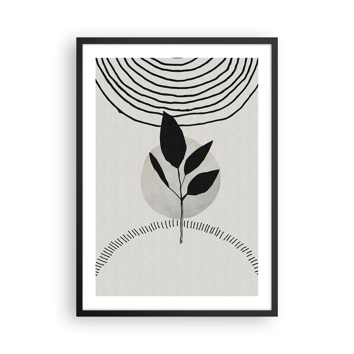 Plakát v černém rámu - Minimalistická ilustrace listů s geometrickými vzory - 50x70cm - Kompozice: rituály přírody - Moderní nástěnná dekorace do obývacího pokoje a ložnice ARTTOR