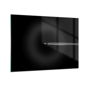 Obraz na skle - Tryskové letadlo na černém pozadí s kondenzační stopou - 70x50cm - Do jiné dimenze - Moderní nástěnná dekorace do obývacího pokoje a ložnice ARTTOR