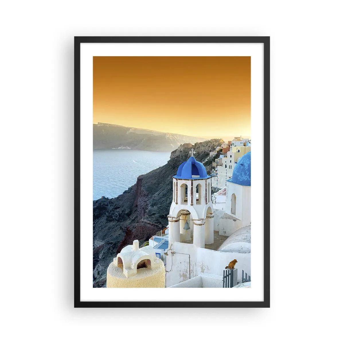 Plakát v černém rámu - Santorini s bílými domy a modrými kopulemi - 50x70cm - Santorini - přitulené ke skalám - Moderní nástěnná dekorace do obývacího pokoje a ložnice ARTTOR