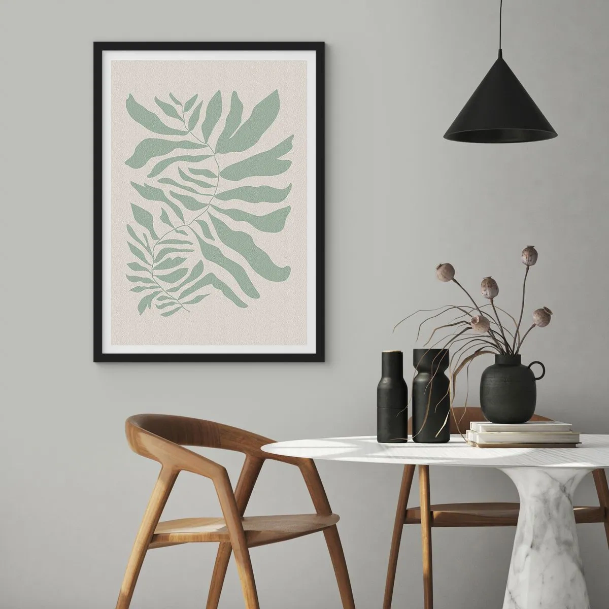 Plakát v černém rámu - Minimalistická ilustrace rostliny v odstínech zelené - 50x70cm - Smaragdová větev - Moderní nástěnná dekorace do obývacího pokoje a ložnice ARTTOR