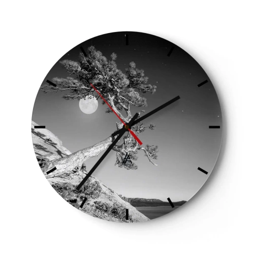 Nástěnné hodiny - Nakloněný strom na skále s úplňkem v pozadí - 30x30cm - Vítězná válečnice - Moderní nástěnná dekorace do obývacího pokoje, kuchyně a ložnice ARTTOR