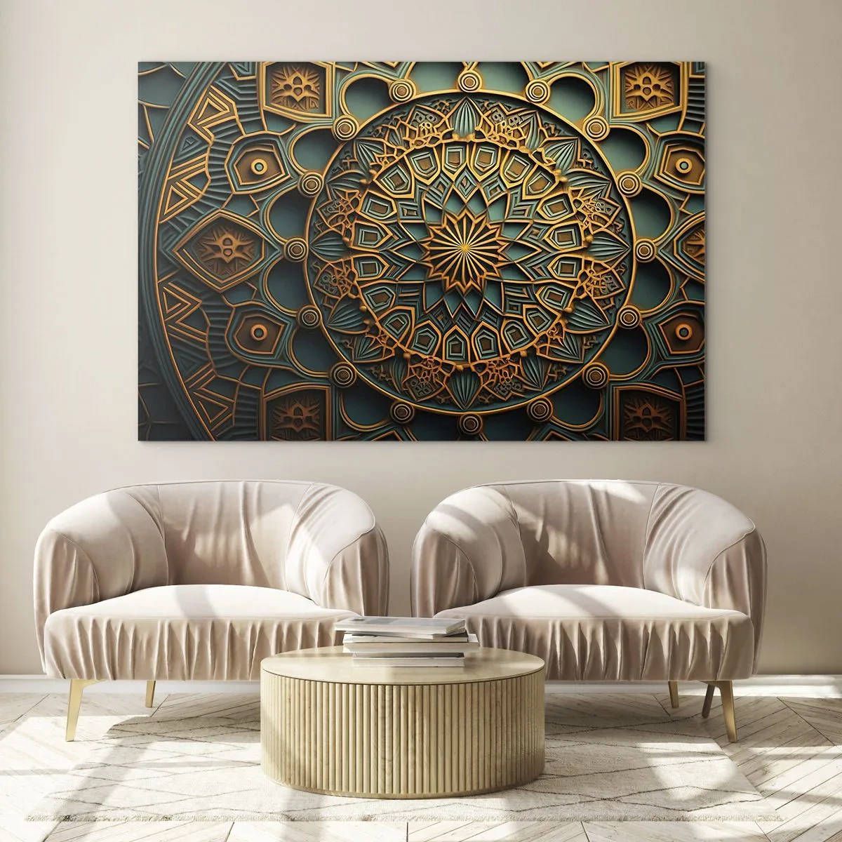 Obraz na skle - Zlatá a tyrkysová ozdoba ve stylu arabské mozaiky - 70x50cm - V arabském stylu - Moderní nástěnná dekorace do obývacího pokoje a ložnice ARTTOR