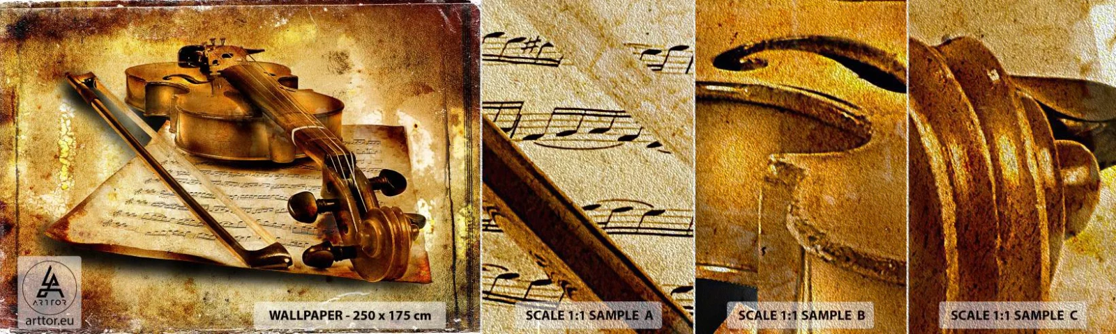 Vzor Fototapety Premium Sand - Okamžitě potřebný virtuóz - Housle, Hudba, Hudební poznámky - 100x30 cm