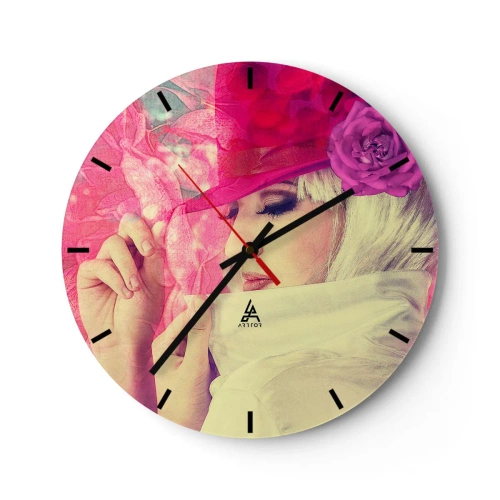 Nástěnné hodiny - Stylizovaný portrét ženy v odstínech růžové a bílé - 30x30cm - Retro portrét v růžové mlze - Moderní nástěnná dekorace do obývacího pokoje, kuchyně a ložnice ARTTOR