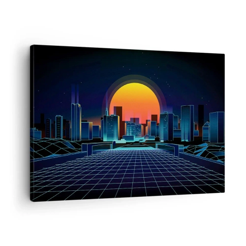 Obraz na plátně - Futuristické panorama města v neonovém stylu - 70x50cm - Pořád chcete do reálu? - Moderní nástěnná dekorace do obývacího pokoje a ložnice ARTTOR