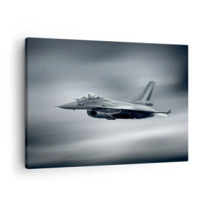 Obraz na plátně - Stíhačka za letu proti zatažené obloze - 70x50cm - Hodíš výzvu? - Moderní nástěnná dekorace do obývacího pokoje a ložnice ARTTOR