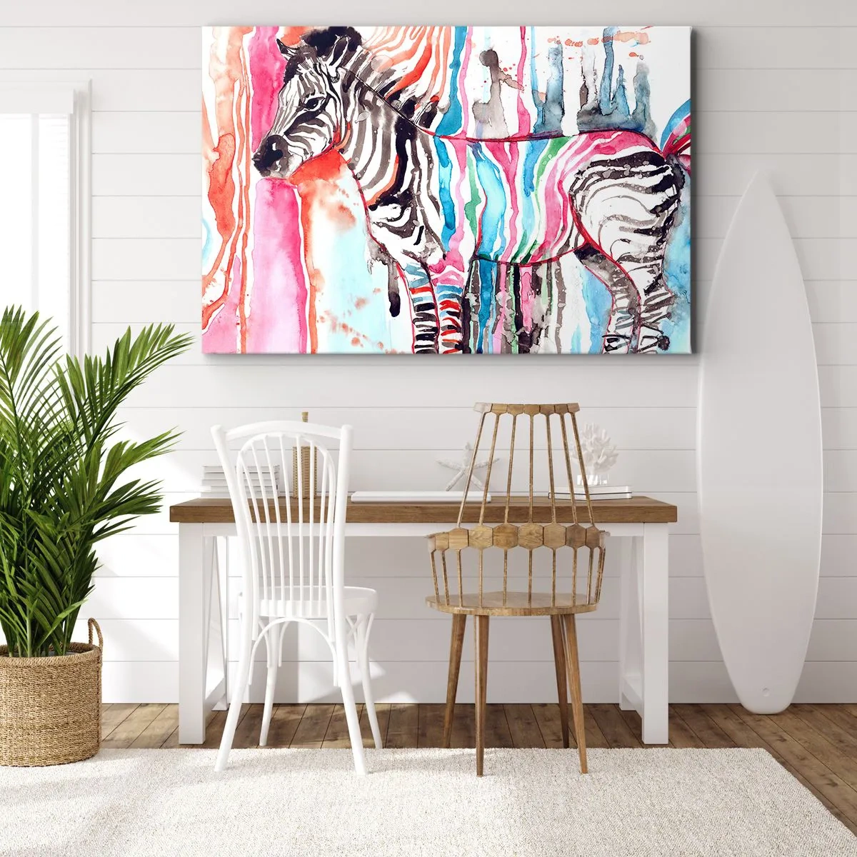 Obraz na plátně - Barevná zebra na pozadí abstraktních akvarelových vzorů - 70x50cm - Bezstarostný vtip přírody - Moderní nástěnná dekorace do obývacího pokoje a ložnice ARTTOR