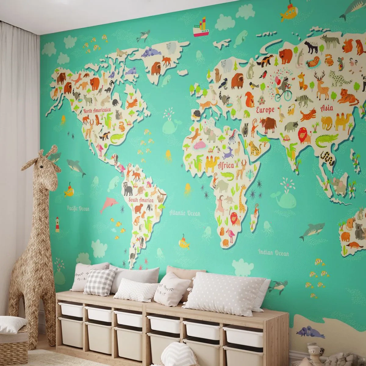 Fototapeta Premium Sand - Milujeme celý svět - Mapa světa, Zvířata, Pro děti - 450x315 cm