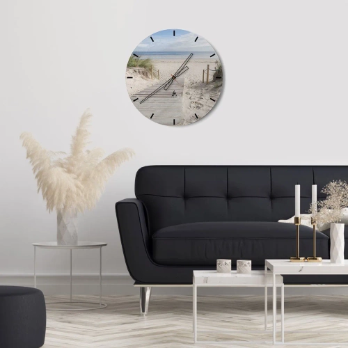 Nástěnné hodiny - Dřevěná cesta vedoucí k pláži s výhledem na moře - 30x30cm - Až k horizontu - Moderní nástěnná dekorace do obývacího pokoje, kuchyně a ložnice ARTTOR