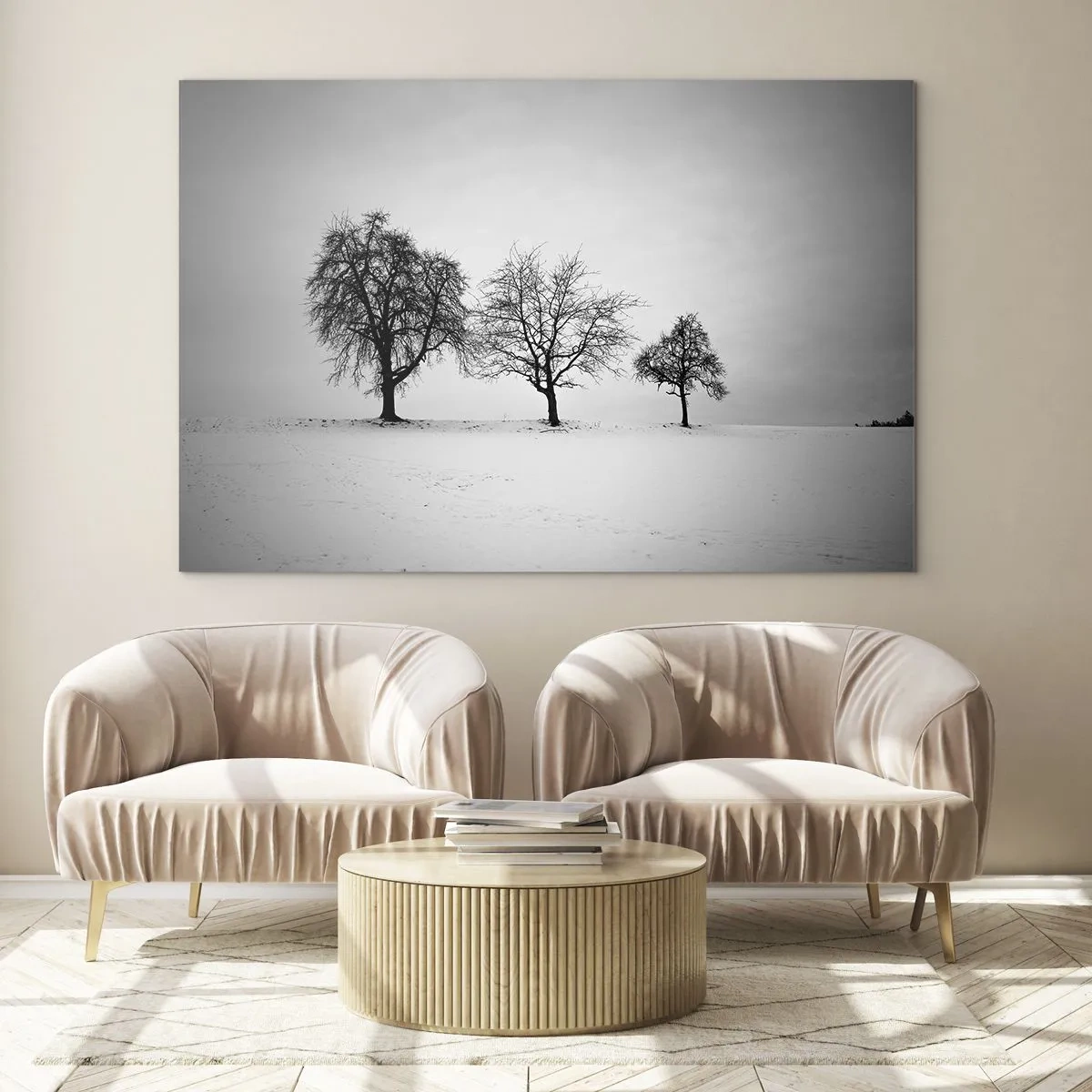 Obraz na skle - Tři osamělé stromy v zasněžené oblasti - 70x50cm - O čem sní? - Moderní nástěnná dekorace do obývacího pokoje a ložnice ARTTOR