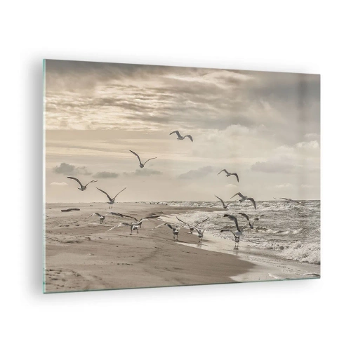 Obraz na skle - Ptáci na pobřeží za úsvitu v sépiových tónech - 70x50cm - Šumění moře, zpěv ptáků - Moderní nástěnná dekorace do obývacího pokoje a ložnice ARTTOR