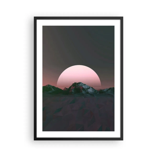 Plakát v černém rámu - Fantastická krajina s růžovým měsícem a horami - 50x70cm - V sousední galaxii - Moderní nástěnná dekorace do obývacího pokoje a ložnice ARTTOR