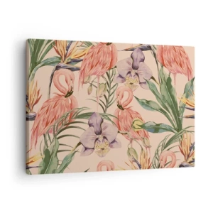 Obraz na plátně - Plameňáci a tropické květiny na světlém pozadí - 70x50cm - Růžový balet v květech - Moderní nástěnná dekorace do obývacího pokoje a ložnice ARTTOR