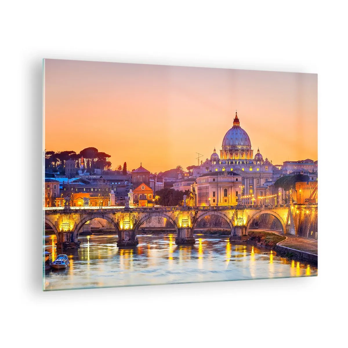 Obraz na skle - Most a bazilika v Římě při západu slunce - 70x50cm - Soumrak nad Věčným městem - Moderní nástěnná dekorace do obývacího pokoje a ložnice ARTTOR