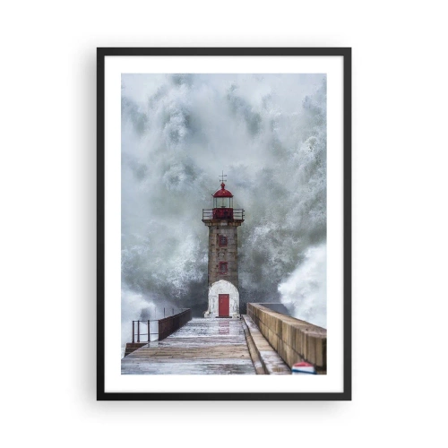 Plakát v černém rámu - Maják obklopený silnými vlnami během bouře - 50x70cm - Hukot vody, šum větru - Moderní nástěnná dekorace do obývacího pokoje a ložnice ARTTOR